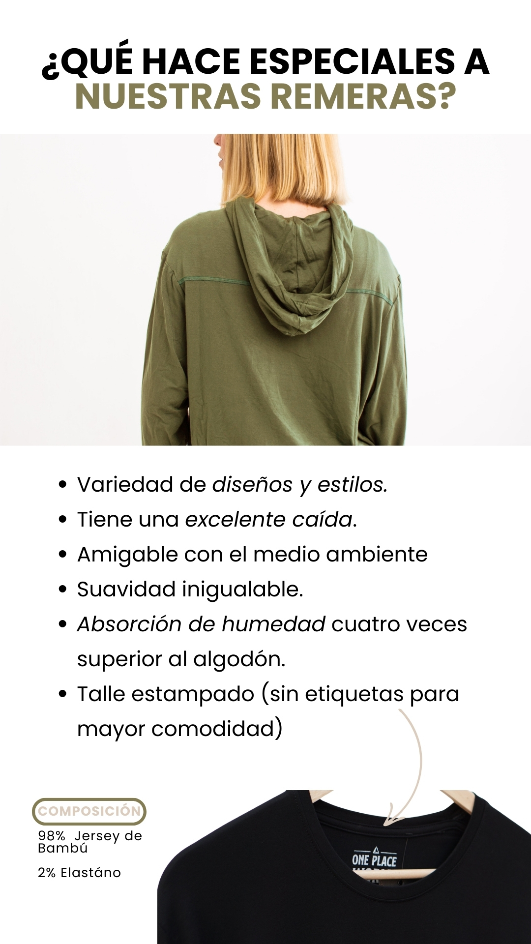 Variedad de diseños y estilos. Tiene una excelente caída. Amigable con el medio ambiente Suavidad inigualable. Absorción de humedad cuatro veces superior al algodón. Talle estampado (sin etiquetas para mayor comodidad) ¿QUÉ HACE ESPECIALES A NUESTRAS REMERAS? COMPOSICIÓN  98%  Jersey de  Bambú  2% Elastáno